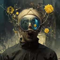 a man wearing a hat, glasses, and flowers in his hair