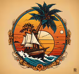 an old sailboat in a frame with palm trees,an old fashion styled boat that appears to have sails down and palm trees