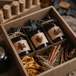 four bottles of wine are in a box with wine corks and twine