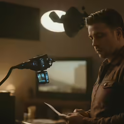 a man in front of a microphone with a cell phone on it