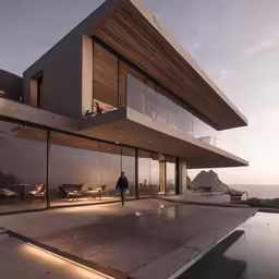 the exterior of a large, slender house with an outdoor patio that offers an amazing view