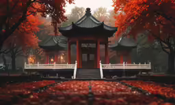 this is an oriental shrine on the side of the road in an autumn forest