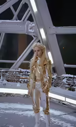 a blonde woman in white pants, gold jacket and boots posing