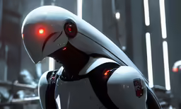 a robot in an industrial environment with red light