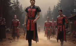 a woman wearing a red and black outfit walking along a dirt road