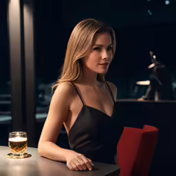 the beautiful woman sitting at a bar in front of a glass of beer