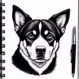 a drawing of a dog is shown on a notebook