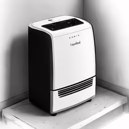 a white portable air purifier sitting on a shelf