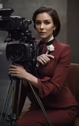 a woman sitting down while holding a camera
