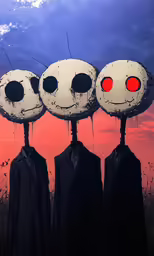 five heads with eyes and a one with no head