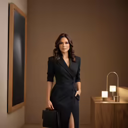 woman in a suit with legs and heels holding a briefcase