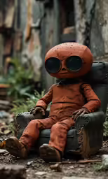 a small, red robot sitting on top of a chair