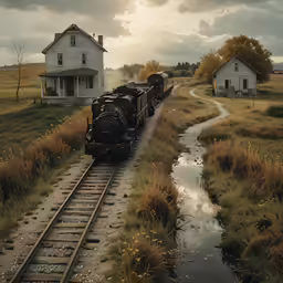 train moving on tracks through farmland and rural region
