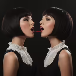 two people with their mouths open wearing hair sticks