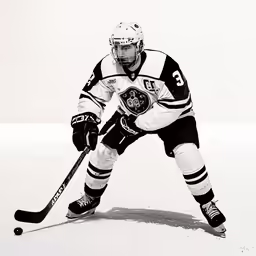 a man on the ice wearing a jersey and holding a hockey stick