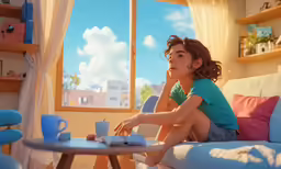 a young lady sitting in her living room drinking some coffee