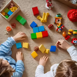 children playing with lego blocks and construction toys