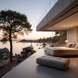 the outside of a building near some water