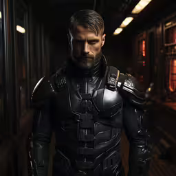 a person in a dark room wearing a black suit and helmet,a man in a suit with an open back stands in front of some doors