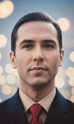 a man wearing a suit and tie standing in front of boket of lights