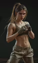 a girl in military green combat gear is posing