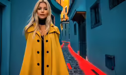 the woman is wearing a yellow trench coat and posing