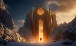 a giant monument surrounded by snow in a fantasy landscape