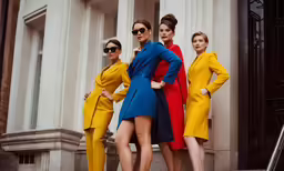 three models in bright outfits stand on steps in front of a building