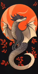 a drawing of a dragon flying in front of an orange sun