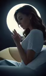 a beautiful young woman sitting in front of a moon