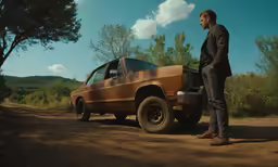 a man in brown jacket next to parked brown car on dirt road
