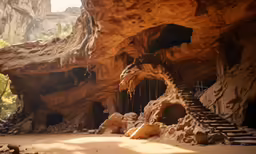 a staircase that leads to some cliffs, rock formations and trees