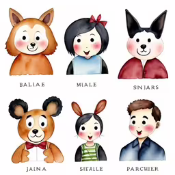 a cartoon drawing with four different animal characters,a bunch of people and some animals are wearing different poses,children with names on their faces in animal head,an illustration of four people with their pets,a couple and their children