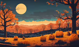 the halloween scene shows a pumpkin forest,the pumpkins in the fall colors are falling and there are trees with their leaves and orange orange