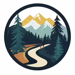 a circle with mountains and road