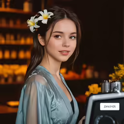 a woman is holding a tray with flowers on top of it