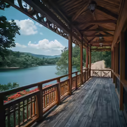 a wooden deck near water with a light fixture