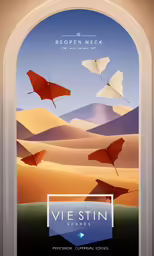 an advertisement with umbrellas flying over desert land