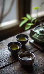 three bowls of green tea with one bowl in the middle