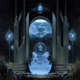 an open door to the sky with glowing lights