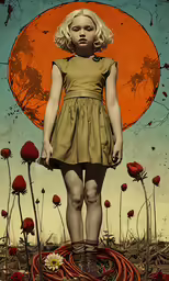 a drawing of a blonde girl standing on top of a dirt ground