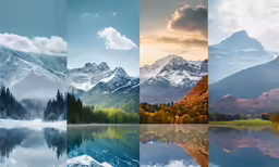 a series of photos of a mountain range and a lake with the colors of autumn