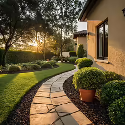 a long brick walkway between two large bushes