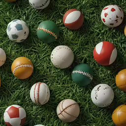 a green grassy area with dozen baseballs on it