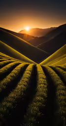 a sunset with fields and hills