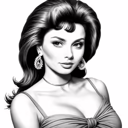 a woman in black and white with large breasts