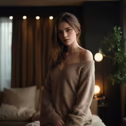 a beautiful young woman standing next to a bed
