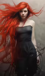 a young lady with long red hair and wearing black dress