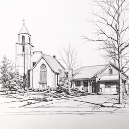 this is an illustration of a church in the winter