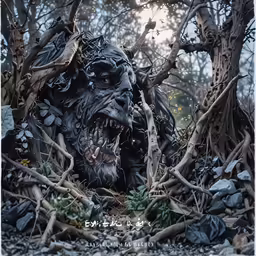 a large poster has a giant demon in the middle of the image